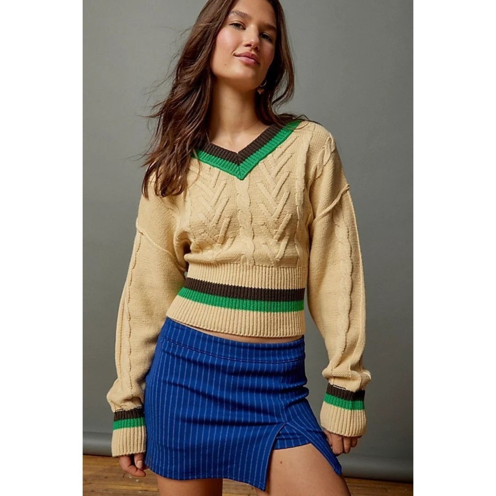 BDG‎ Urban Outfitters Cable Knit Varsity Sweater Beige Green Size Small